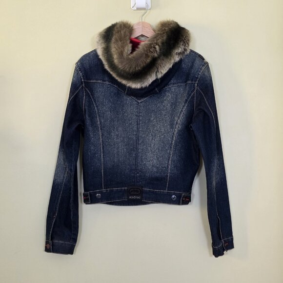 Vtg Ecko Red Jacket Women 14 Denim Faux Fur Hood No Pockets Lined Y2K Runs Small - Picture 2 of 16